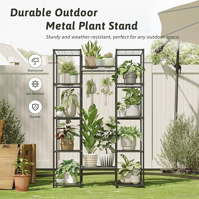 Metal Plant Stand Outdoor 62.2" Tall Plant Shelf for Plants 12 Pots Large Plant Sheves for Indoor Plants Living Room Heavy Duty Rack Garden Balcony Patio Hanging Planter