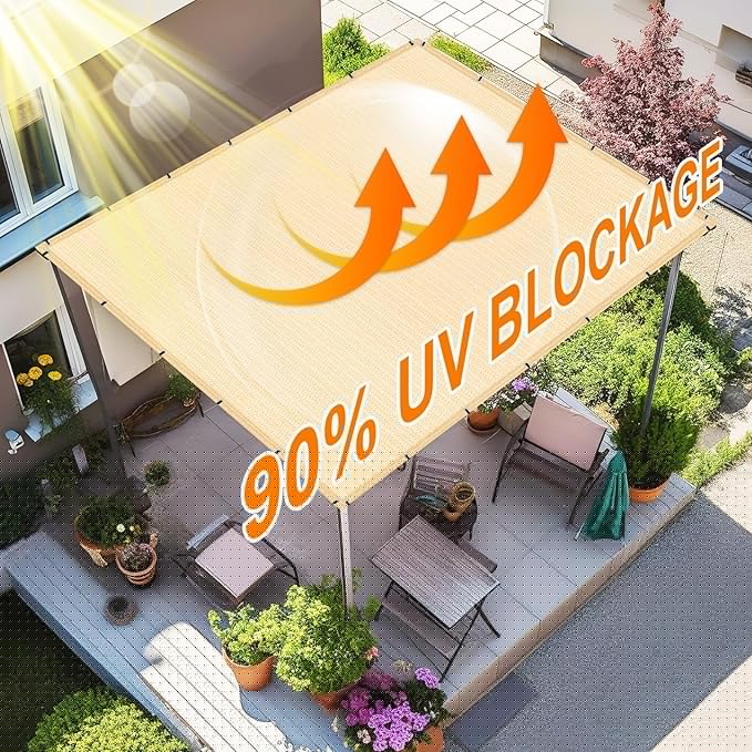 Artpuch 90% Sun Shade Cloth, 12 x 12 FT Pergola Shade Cover Canopy with Grommets, Sun Screen Fabric Tarp for Patio, Outdoor, Garden, Backyard, Wheat
