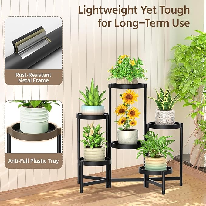 LASZOLA 6 Tiered Folding Plant Stand Indoor for Multiple Large Planter, Tall Heavy Duty Adjustable Rack with Rust Proof Plastic Shelving, Sturdy Vertical Tree Organizer for Narrow Inside Floor, Black