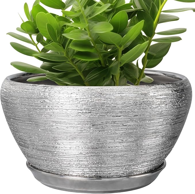 Flower Pot for Indoor Plants - Ceramic Planter 11 Inch Plant Pot with Drainage Hole and Saucer Large Decorative Planter Outdoor Mid-Century Planter for House Decor Silver