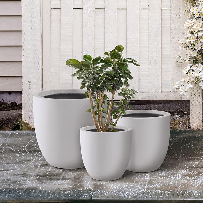 Kante 20",16.5",13.4" Dia Round Concrete Planters (Set of 3), Outdoor Indoor Modern Decorative Plant Pots with Drainage Hole & Rubber Plug for Home & Garden, Pure White
