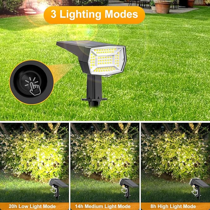 Fabrito 72 LEDs Solar Spot Lights Outdoor Waterproof, 3 Modes Landscape Spotlights, Dusk to Dawn Solar Powered Flood Wall Lights for Outside, Solar Garden Lights for Yard Porch 2 Pack (Warm White)