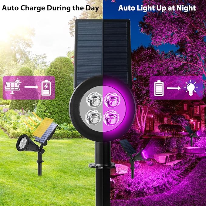 T-SUN [2 Pack] LED Solar Spotlights, Waterproof Outdoor Security Landscape Lamps, Auto-on/Auto-Off by Day, 180 Angle Adjustable for Tree, Patio, Yard, Garden, Driveway, Stairs, Pool Area(Purple)