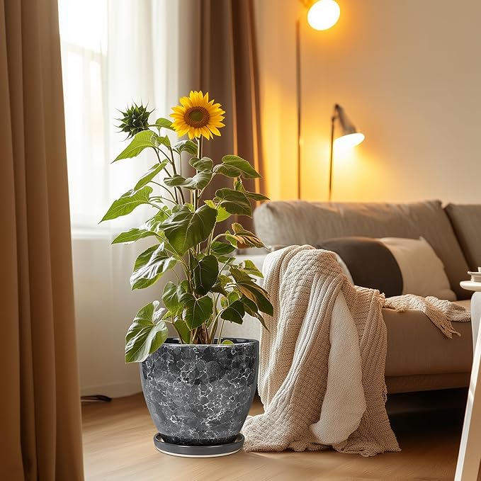 Ceramic Pots for Plants - 10 Inch Planter for Indoor Outdoor, Decorative Round Flower Pot with Drainage Hole and Saucer, Garden Patio Living Room Home Decor, Housewarming Gifts, Grey