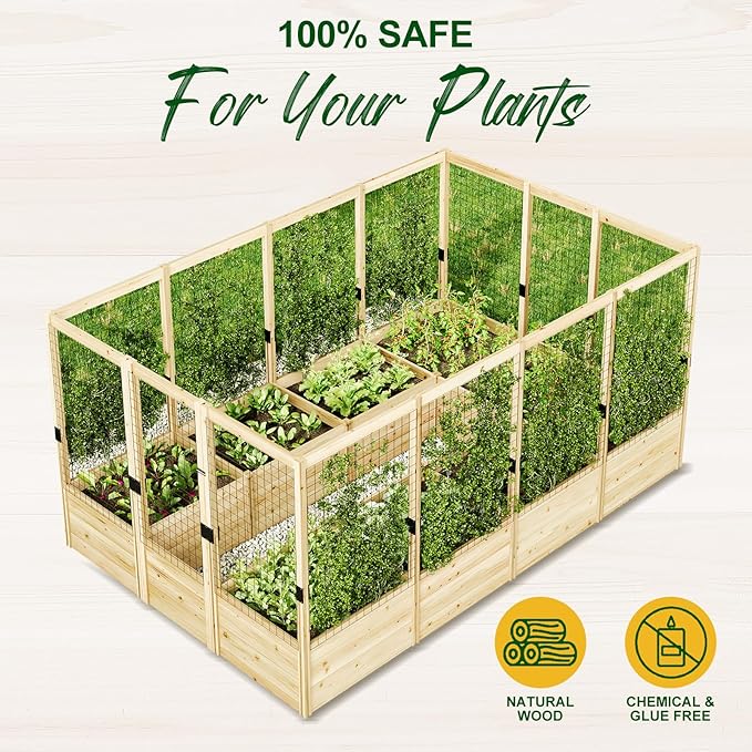 AMERLIFE Raised Garden Bed with Deer Proof Fence, 7.5Wx12Dx6H Outdoor Wooden Raised Garden Bed Planter with 19" Depth Planter Box