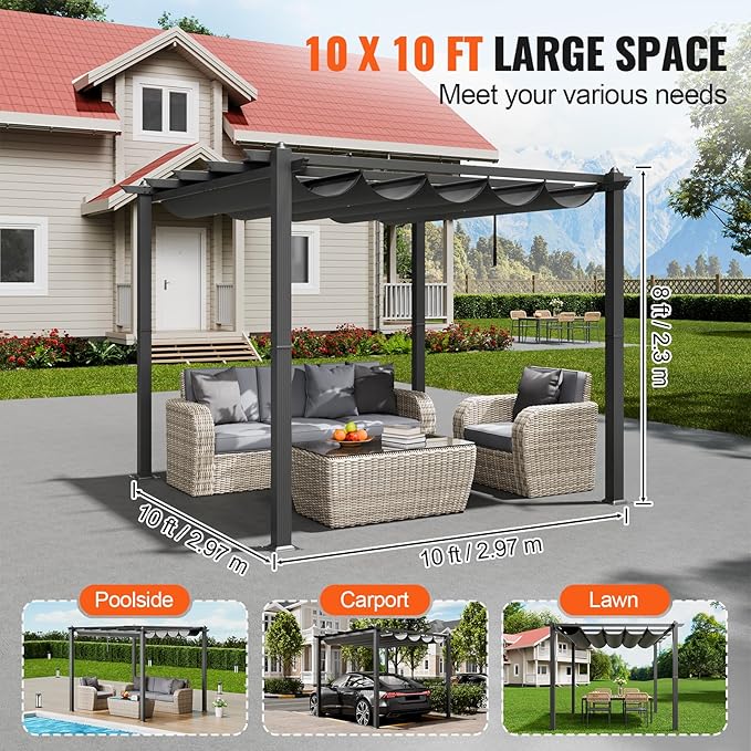 VEVOR 10'x10' Outdoor Retractable Pergola with Canopy, Aluminum Pergola with Retractable Canopy, Modern Style, Sun Shade for Patios, Gardens, Decks, Backyards (Gray)