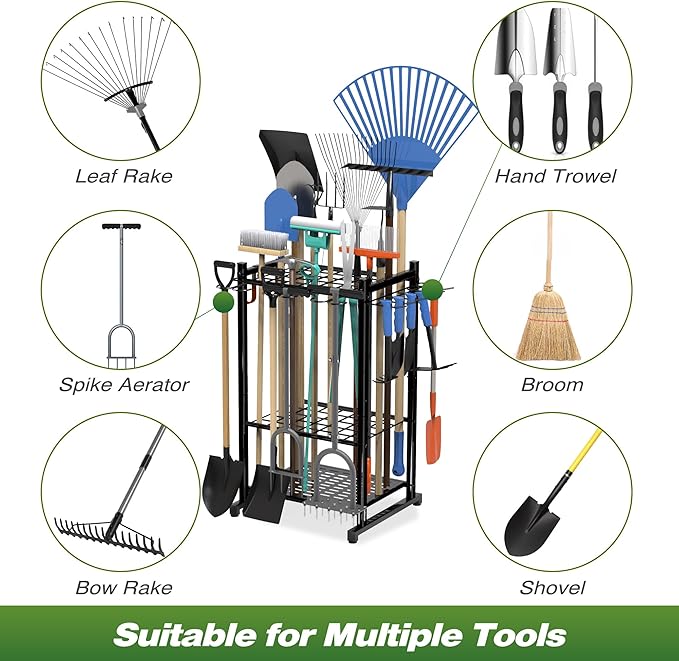 Garden Tool Organizer Rack Up to 50 Tools, Heavy-Duty Steel Yard Tool Organizer for Garage Storage with 11 Hooks, Broom Holder & Garden Tool Rack for Shed, Patio, Outdoor Use, Black
