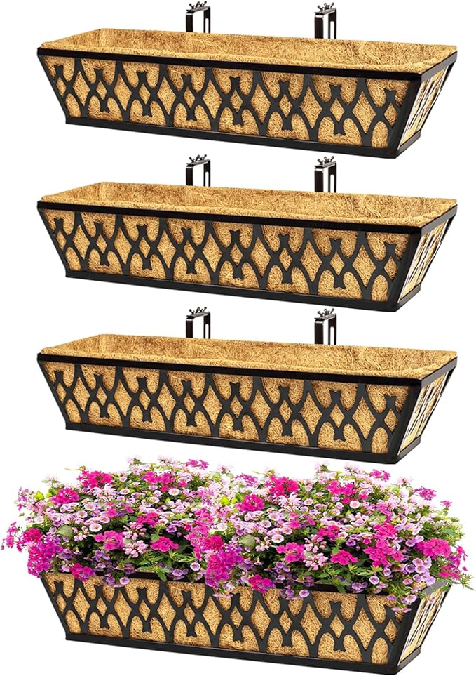 4 Pack 24 Inch Window Boxes Planters for Outdoor Plants Railing Planter Box with Adjustable Brackets for Windowsill Porch Fence Patio Hanging Flower Coco Baskets for Outside Decoration - Black