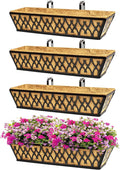 4 Pack 24 Inch Window Boxes Planters for Outdoor Plants Railing Planter Box with Adjustable Brackets for Windowsill Porch Fence Patio Hanging Flower Coco Baskets for Outside Decoration - Black