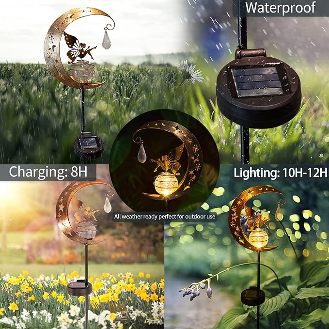 LICKLIP Moon & Fairy Garden Solar Stake Light Outdoor, Crackle Glass Globe With Metal Angle Stake, Waterproof Warm White LED, Decoration for Pathway Lawn Patio Courtyard Backyard (1 Pack)