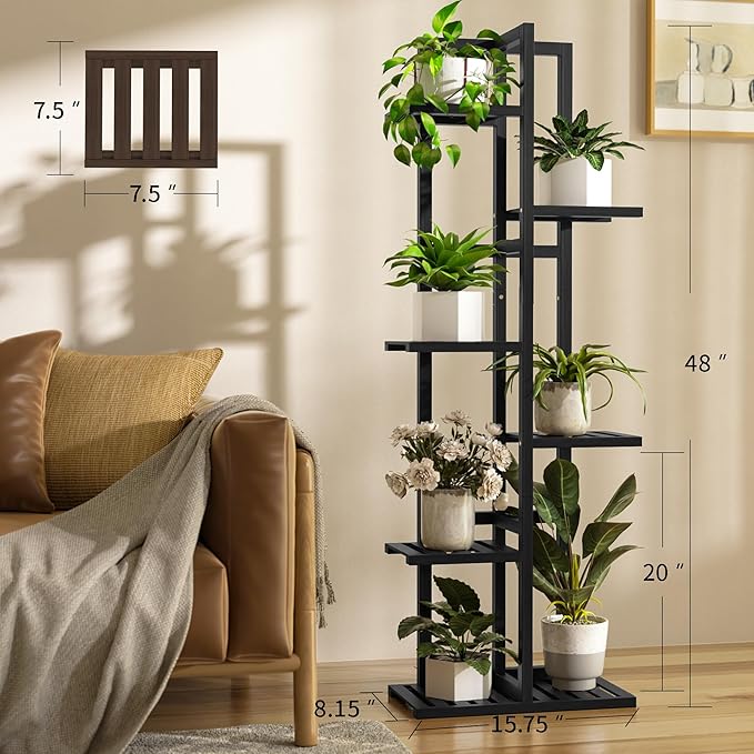 6 Tier Bamboo Plant Stand Indoor, Wood Tall Flower Holder Corner Tiered Plant Shelf for Multiple Plants (Black)