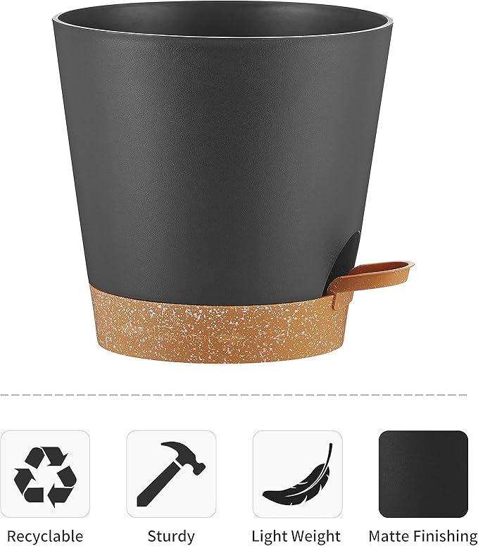 FaithLand 6-Pack Black Self Watering Planter Pots for Indoor Outdoor Plants - 8, 7, 6.5, 6, 5.5, 5 Inches Flower Pots
