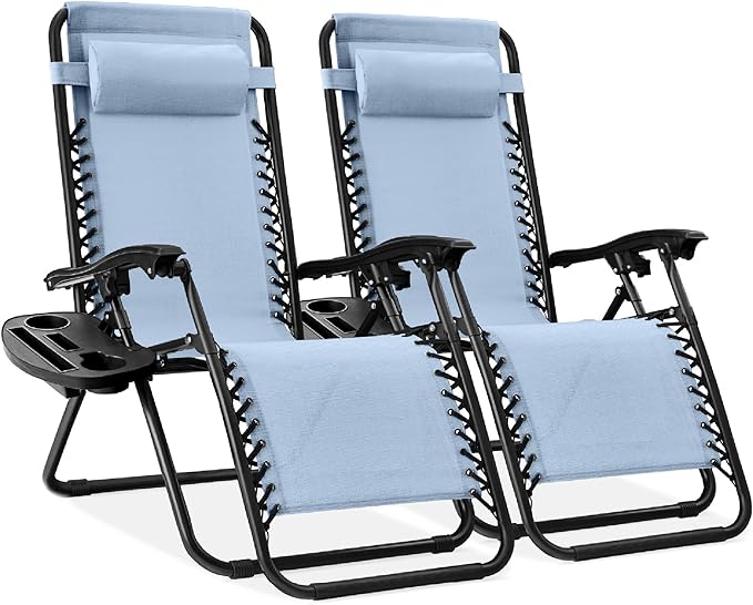 Best Choice Products Set of 2 Adjustable Steel Mesh Zero Gravity Lounge Chair Recliners w/Pillows and Cup Holder Trays - Dusty Blue/Black