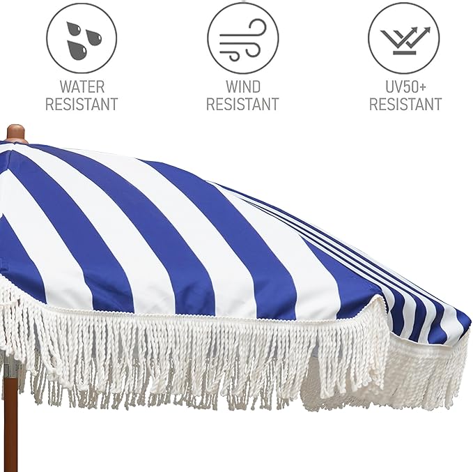 AMMSUN 7ft Patio Umbrella with Fringe Outdoor Tassel Umbrella UPF50+ Wood Color Steel Pole and Steel Ribs Push Button Tilt, Navy Stripe