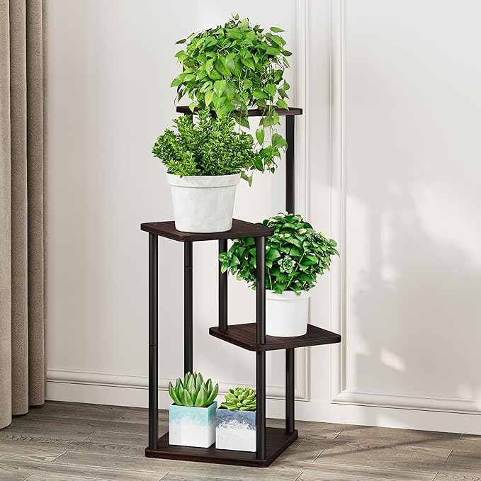 AZERPIAN Plant Stand 4 Tier Indoor Metal Flower Shelf for Multiple Plants Corner Tall Flower Holders for Patio Garden Living Room Balcony Bedroom, Black oak