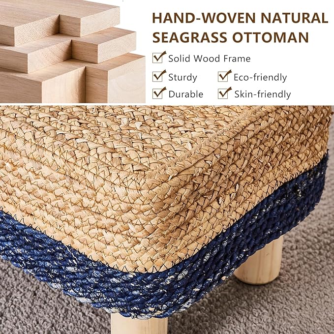 Wimarsbon Natural Seagrass Footstool Ottoman Rectangular Footrest Pouf Ottomans with Wooden Legs Hand Weave Step Stool for Living Room Bedroom Entryway Blue