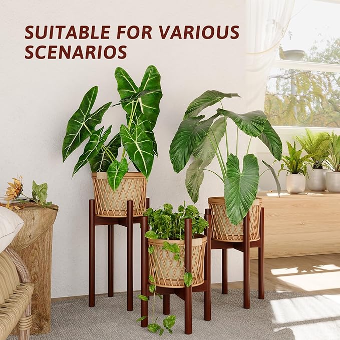 Adjustable Plant Stand Indoor, Bamboo Plant Holder 8 to 12 Inches, 3 Pack Single Floor Plant Stand for Living Room Balcony Bedroom, Reddish Brown