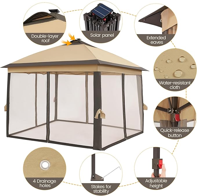 Yaheetech 11'x11' Pop Up Gazebo Instant Tent with 17 Solar LED Lights & Zippered Mesh Netting, Outdoor Shelter Sun Shade Gazebo with Sandbags for Backyard Garden Patio, Khaki & Brown
