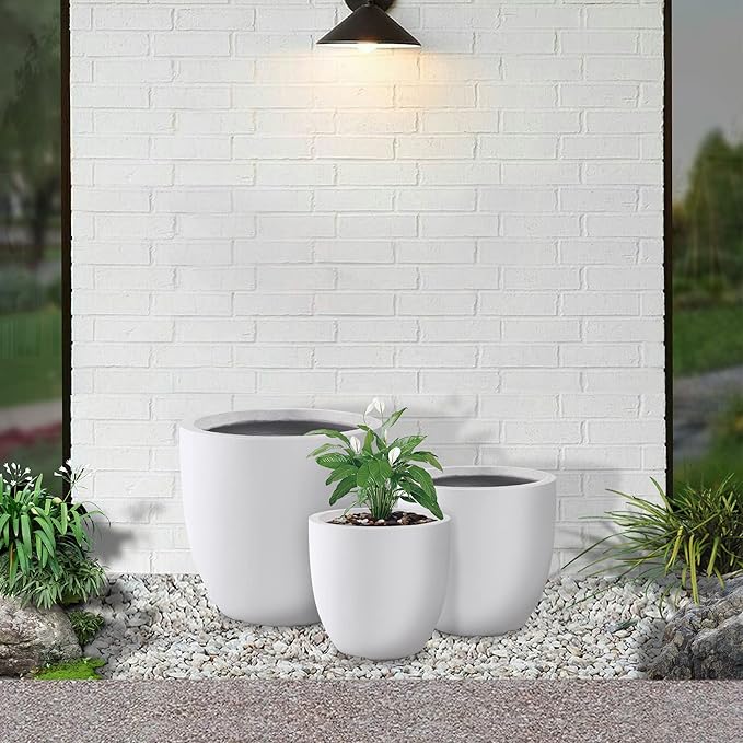 Kante 20",16.5",13.4" Dia Round Concrete Planters (Set of 3), Outdoor Indoor Modern Decorative Plant Pots with Drainage Hole & Rubber Plug for Home & Garden, Pure White