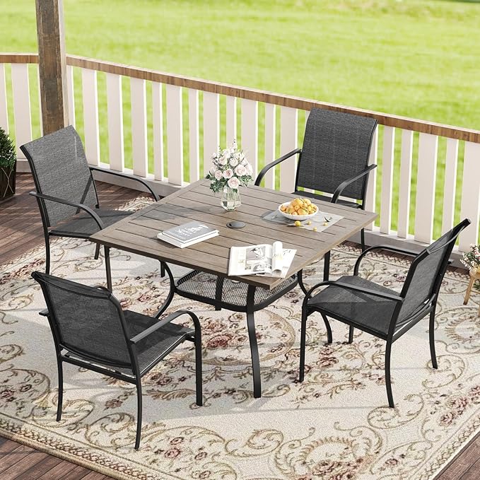VICLLAX 5 Pieces Patio Dining Set, Outdoor Furniture Set Includes 1 Square Outdoor Table and 4 Stackable Patio Sling Chairs, Grey Wood Grain Tabletop and Grey Fabric