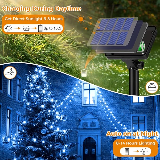 2 Pack Solar String Lights for Outside - 160LED 66FT Solar Fairy Lights Outdoor Waterproof 8 Modes, Copper Wire Solar Powered Twinkle Lights for Tree Garden Christmas Wedding Party Decor, Blue