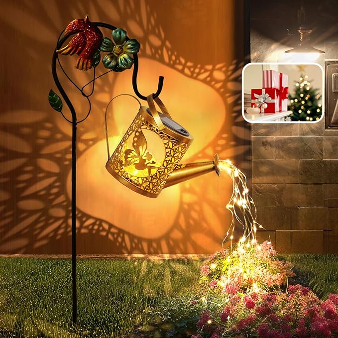 Solar Lights Outdoor Garden Decor Solar Watering Can with Crackle Glass Lights Waterproof Metal Hanging Fairy Lantern for Patio Lawn Yard Outside Decorations- Unique Gift Ideas for Gardening