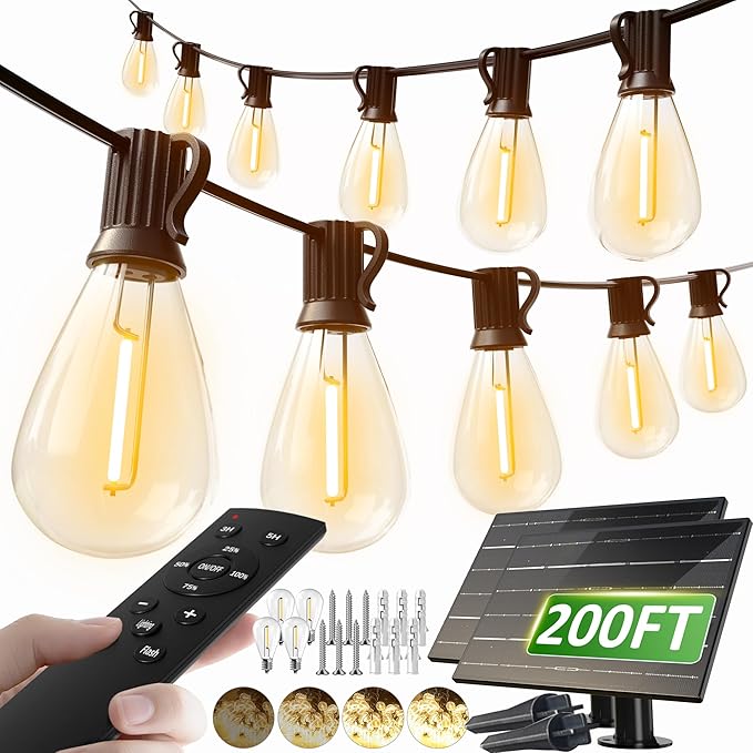 luckystyle 200FT Solar String Lights Outdoor Waterproof 2200K with Remote & USB Charging, 72+4 LED Shatterproof Bulbs, Dimmable & Timable, 3 Light Modes, Long Last for Garden,Patio, Backyard, Camping