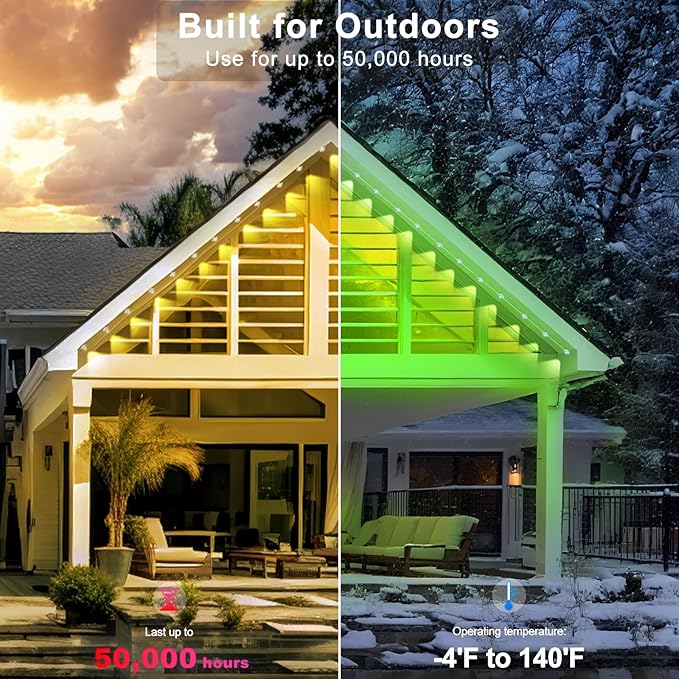 150FT Permanent Outdoor RGB Lights - Waterproof Smart LED Eaves Lights with App/Remote Control, Music Sync & DIY Scenes, Perfect for Christmas, Halloween, Parties & Daily Decor, Ideal for House Roof