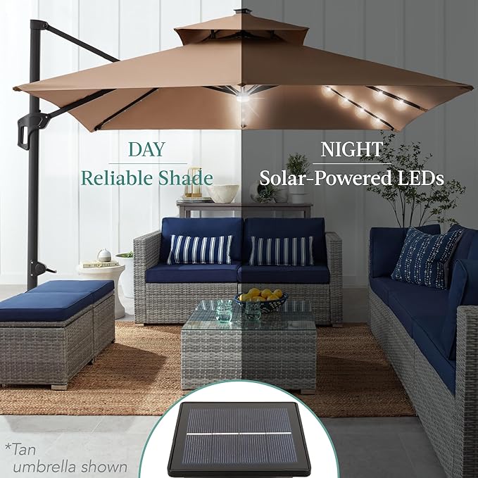 Best Choice Products 10x10ft Cantilever Patio Umbrella w/Base Included, Solar LED Lights 360 Rotation Large Offset Hanging Outdoor Shade for Deck Pool Backyard w/Stand – Cerulean
