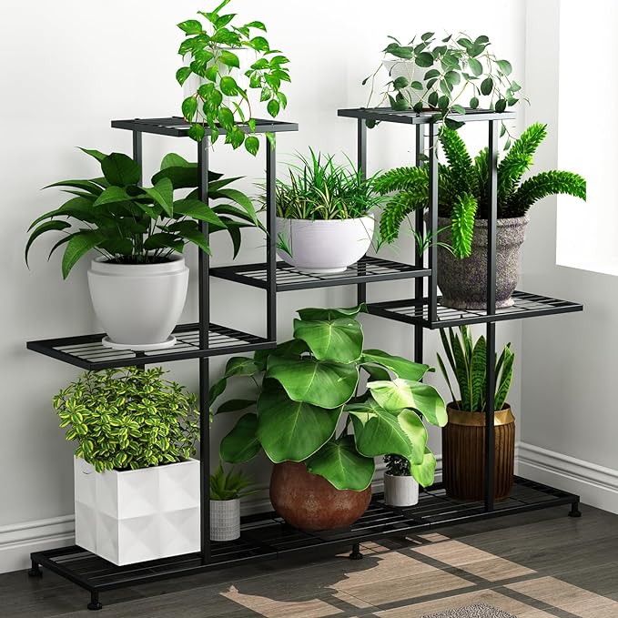 Twhep Metal Plant Stand, 5 Tiers Multifunctional Plant Stands for Indoor Plants, Decorative Black Steel Plant Shelf for Indoor Patio Garden Balcony and Yard (4 tiers 12 pots)