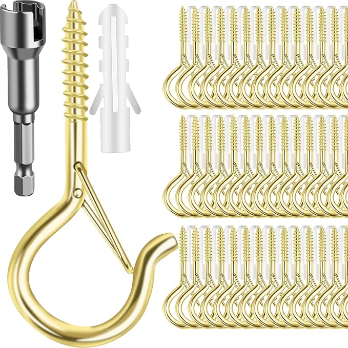 96 PCS Q-Hanger Hooks, Screw Hooks for Outdoor String Lights, Safety Buckle Design Cup Eye Hook for Hanging Christmas Lights, Plants, Mounted on Wall Ceiling, Include 1 Wing Nut Driver, Gold