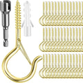 96 PCS Q-Hanger Hooks, Screw Hooks for Outdoor String Lights, Safety Buckle Design Cup Eye Hook for Hanging Christmas Lights, Plants, Mounted on Wall Ceiling, Include 1 Wing Nut Driver, Gold