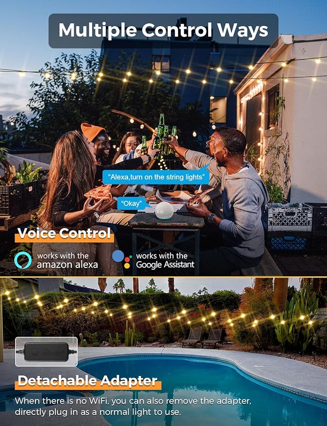 XMCOSY+ Smart Outdoor String Lights, 150Ft G40 Globe Patio Lights with 75 LED Bulbs, WiFi & APP Control, Work with Alexa, Extendable Waterproof Dimmable LED String Lights for Outside, Porch, Cafe