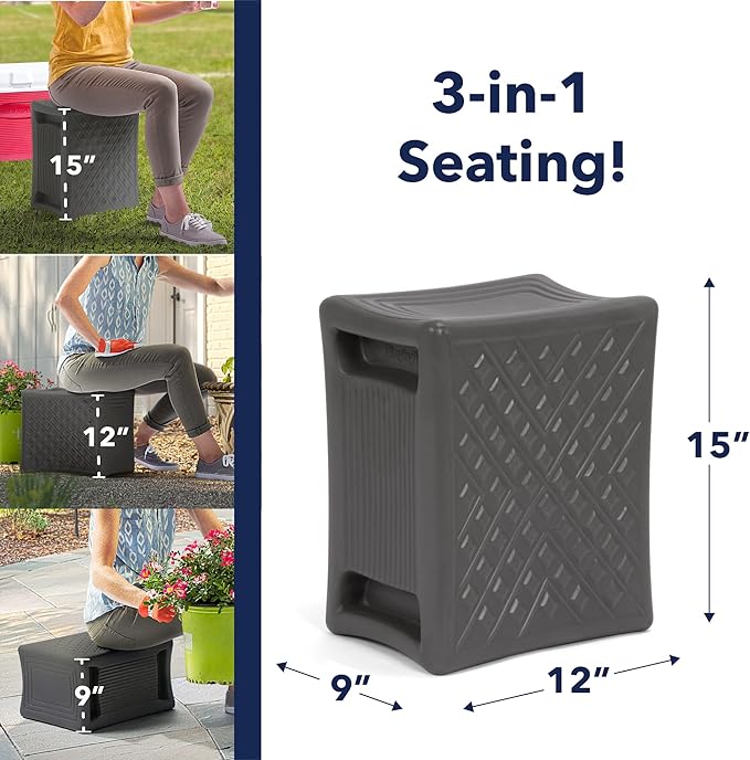 Simplay3 Handy Home 3-Level Heavy Duty Work/Garden Seat - 12" x 15" x 9" - Gray, Made in USA