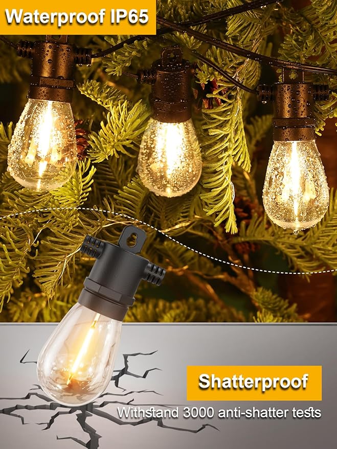 Svater Outdoor String Lights 50 FT, Patio Light for Outside with Shatterproof LED Bulbs, IP65 Waterproof Connectable Hanging Lights for Backyard, Bistro, Cafe, Balcony, Party, Black