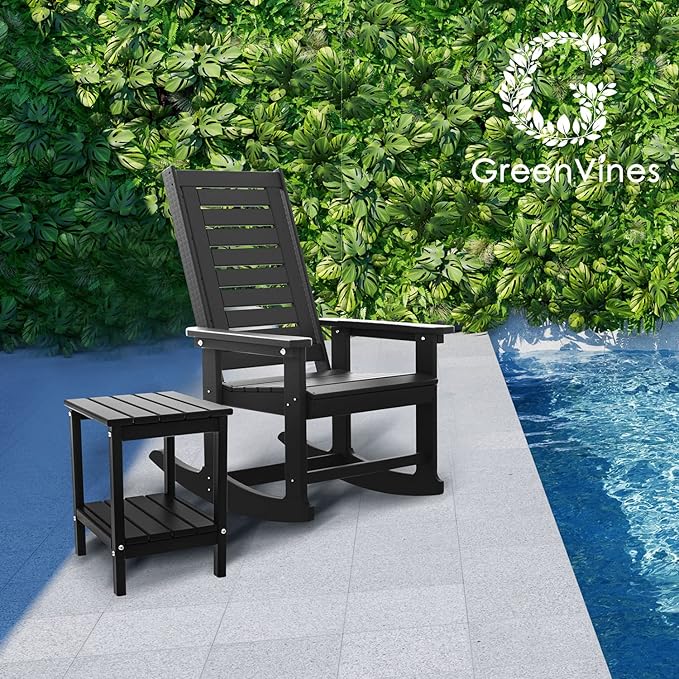 GREENVINES Outdoor Rocking Chairs | Set of 4 | Porch Rocker | HDPE Plastic | Black | Oversized Rockers | High Back | Big & Tall | Ladder Back | for Patio Outside Backyard Balcony Garden