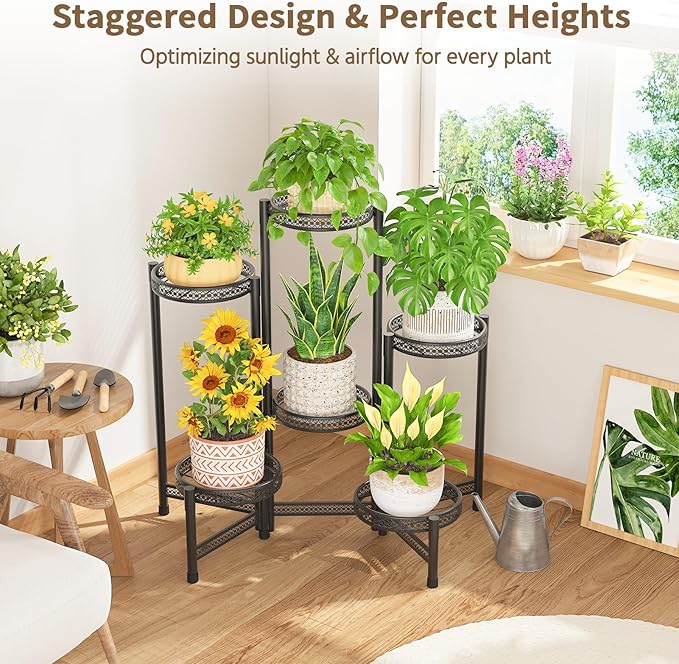 LASZOLA 6 Tiered Folding Tall Plant Stand Indoor Outdoor for Large Planter, Heavy Duty Metal Adjustable Multiple Flower Rack for Corner, Wrought Iron High Spiral Holder for Modern House Patio, Black