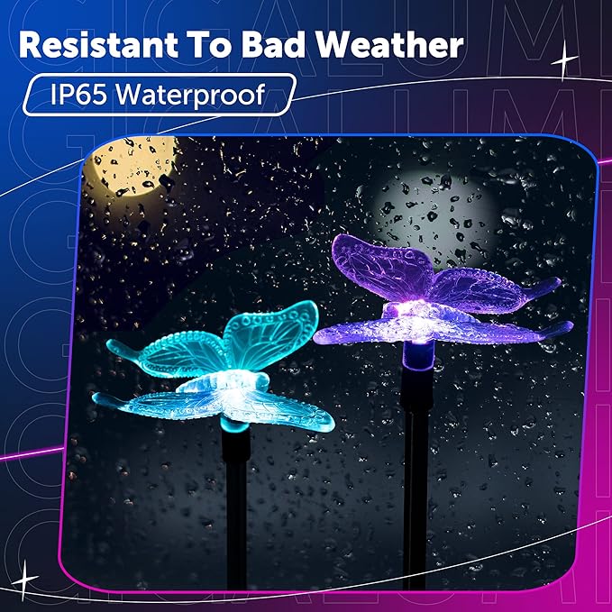 GIGALUMI Solar Garden Lights, 3 Pack Solar Butterfly Lights Decoration, Outdoor Garden Decoration Color Changing LED, Outdoor Decorative for Pathway, Lawn, Patio, Driveway