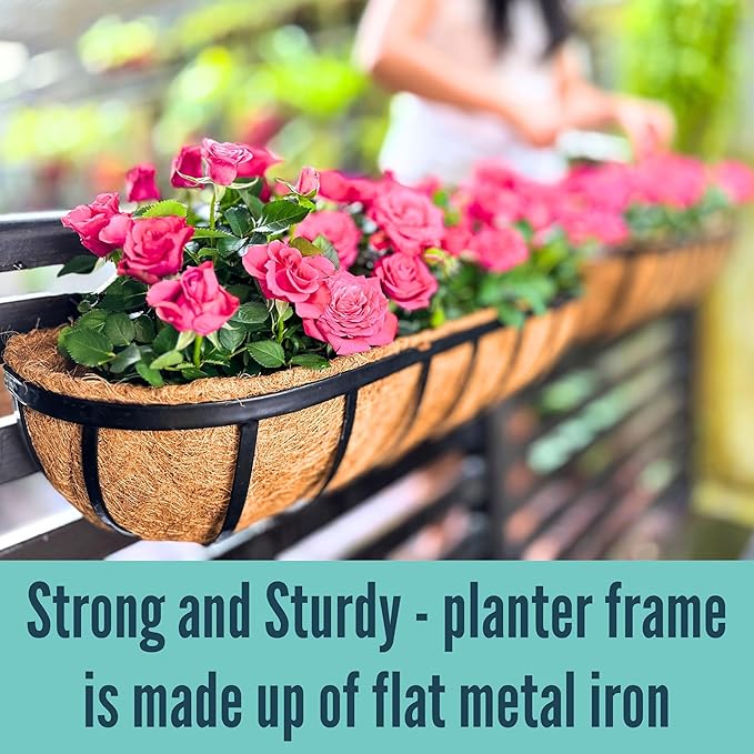 LaLaGreen Railing Planter Box (24 Inch, 2 Pack) Black Metal Rectangular Hanging Planters with Coco Liner, Flower Boxes Brackets for Deck Railings Outdoor Plants Over Rail Fence Balcony Patio Porch