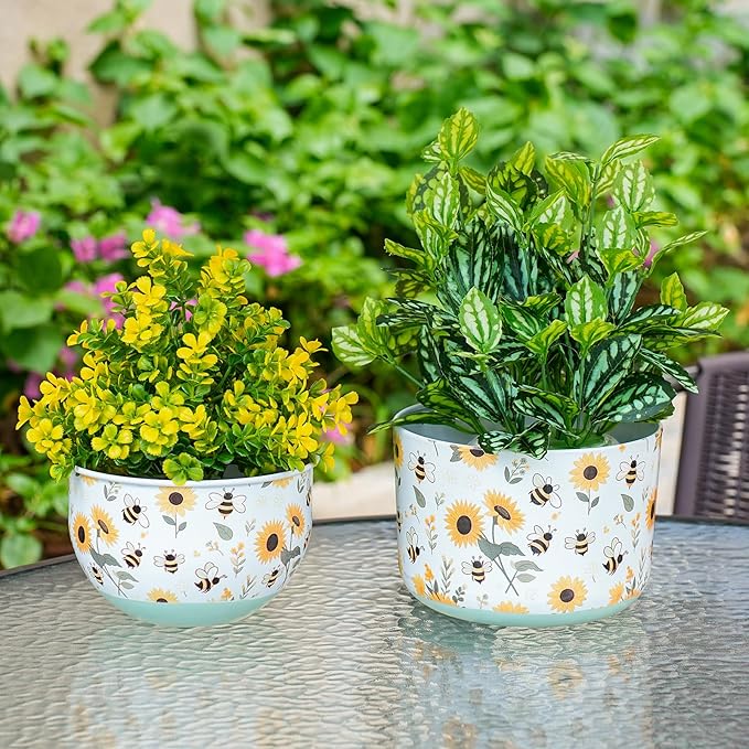 Butterfly & Bee Metal Planters Set of 2 – Decorative Flower Pots with Colorful Garden Prints, Outdoor & Indoor Use Cute Spring Floral Design for Patio, Balcony, Home Decor (Bee)