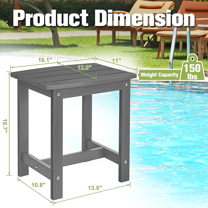 Y&M Outdoor Side Table, HIPS Adirondack Small Single Table, Waterproof Square Outside Table, Balcony Modern End Tables for Patio, Pool, Beach, Porch, Deck, Indoor or Outdoor Use (Dark Grey, 2 Pack)