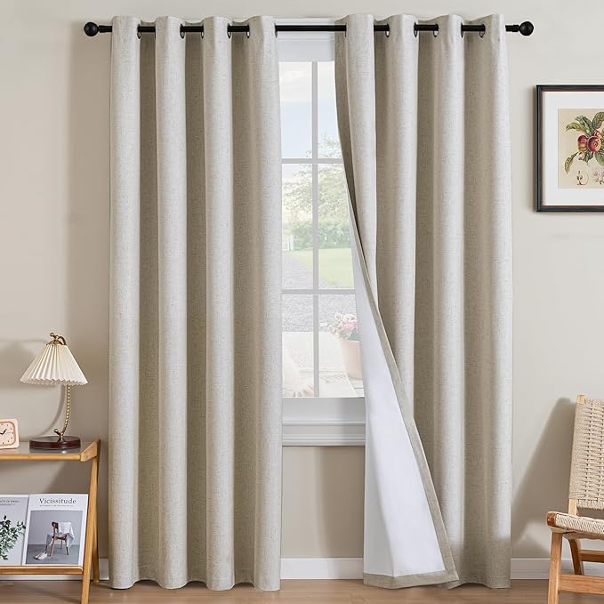H.VERSAILTEX Linen Curtains 100% Blackout Curtains for Bedroom 108 inch Long Full Light Blocking Nature Linen Blended Window Curtains for Living Room Nickel Grommet (2 Panels, Heathered Linen)