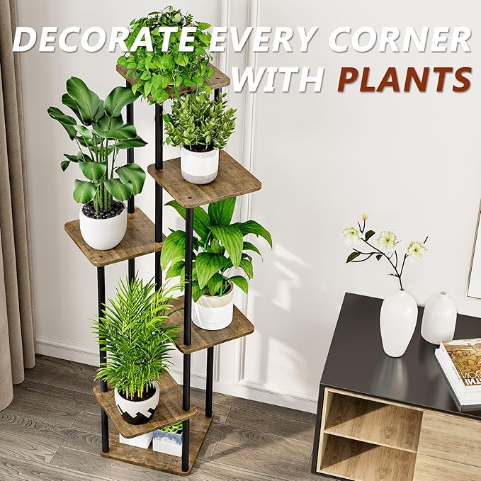 AZERPIAN Plant Stand 6 Tier Indoor Metal Flower Shelf for Multiple Plants Corner Tall Flower Holders for Patio Garden Living Room Balcony Bedroom, Black