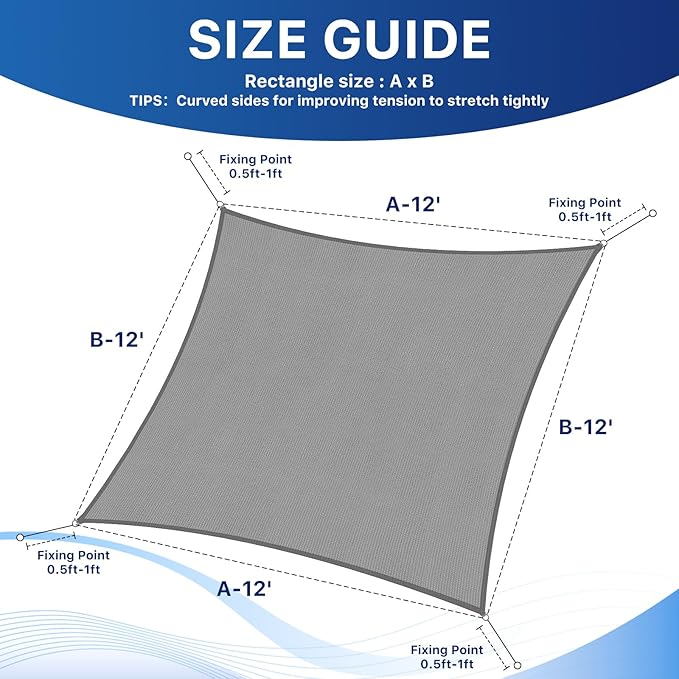 12'x12' Sun Shade Sail, UV Protection Outdoor Shade, Curved Tear Resistant Heavy Duty Sun Shade for Patio Garden, Backyard, Deck, Car Port, Playground, (Grey)