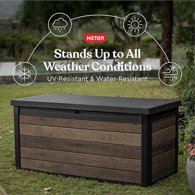 Keter Signature Collection 150 Gallon Resin Deck Box Organization and Storage Box for Patio Outdoor Cushions, Throw Pillows, Garden Tools and Pool Supplies, Walnut