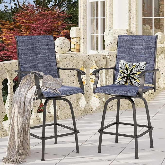 PHI VILLA Outdoor Swivel Bar Stools Set of 4, Bar Height Patio Stools & Chairs with All Weather Textilene Sling Fabric, 30 Inch High Top Tall Bar Chairs for Outside Balcony & Porch, Blue