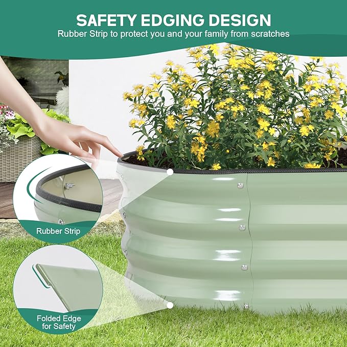 Galvanized Raised Garden Bed Outdoor - 4×2×1ft Planter Raised Beds for Gardening | Oval Metal Garden Planter Box with Safety Edging and Gloves for Vegetables Fruits Flowers - AvocadoGreen