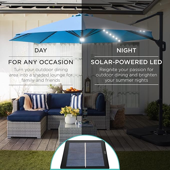 Best Choice Products 10ft Solar LED Cantilever Patio Umbrella, 360-Degree Rotation Hanging Offset Market Outdoor Sun Shade for Backyard, Deck, Poolside w/Lights, Easy Tilt, Cross Base