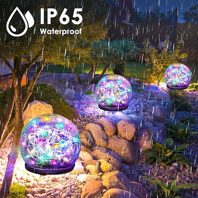 Solar Garden Lights, 2 Pack 80 LED Multicolor Cracked Glass Solar Outdoor Lights Decorative, Upgraded Waterproof Ball Light for Yard Pathway Patio Lawn Christmas Outside Decor, 5.9"