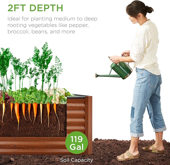 Best Choice Products 4x2x2ft Outdoor Metal Raised Garden Bed, Deep Root Planter Box for Vegetables, Flowers, Herbs, and Succulents w/ 119 Gallon Capacity - Wood Grain
